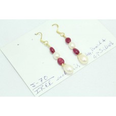 Gold Plated 925 Sterling Silver Earrings Natural Red Ruby Stone & Pearls 2.1"